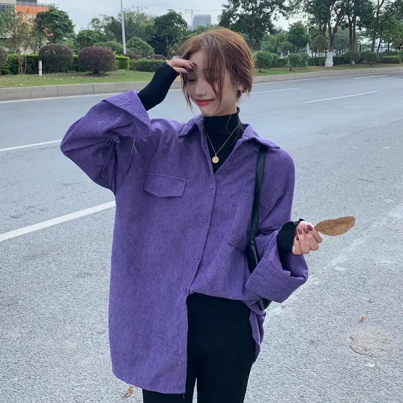 Cardigan en velours côtelé violet paresseux pour femmes, coupe couvertes mi-longue, version coréenne, manteau de chemises, chemisier femme, automne, hiver, nouveau