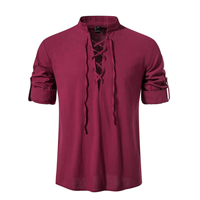 T-shirt en coton et lin à manches longues pour hommes, chemise à lacets décontractée, col Henley, coupe solide, vêtements de plage, vêtements de vacances d'été, chemise document