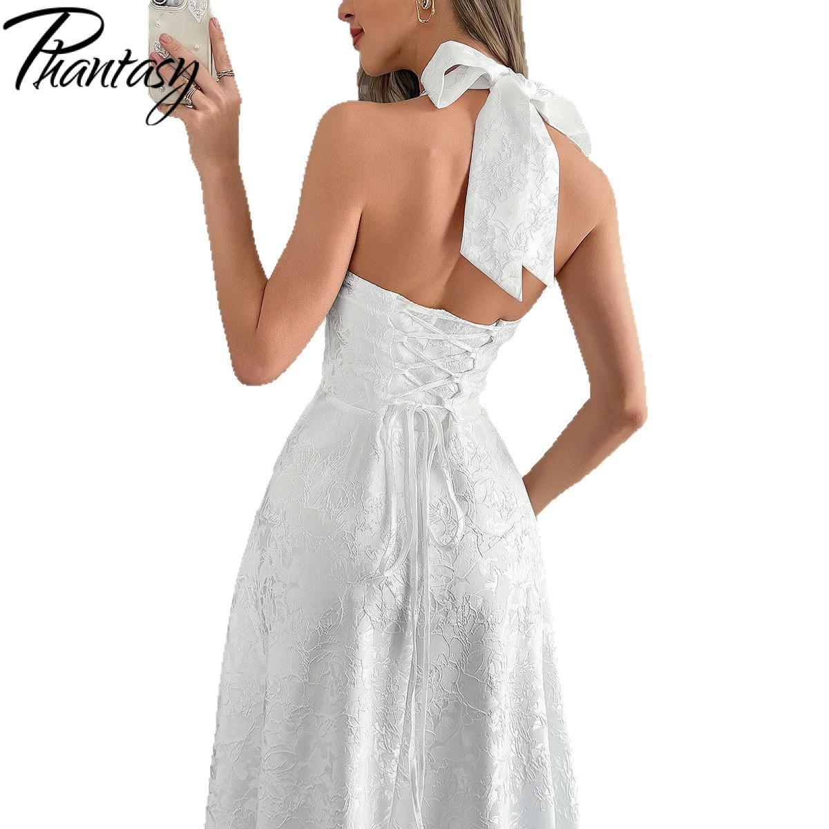 Robe de soirée en Jacquard blanc, dos nu, avec nœud, pour femmes, élégante, Sexy, moulante, longue, été