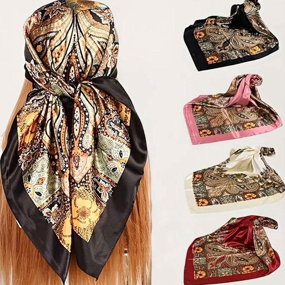 Lot de 4 foulards carrés de 90x90 cm, imitation soie, pour le cou, bandana, foulard de nuit, foulards de cheveux tendance pour femmes