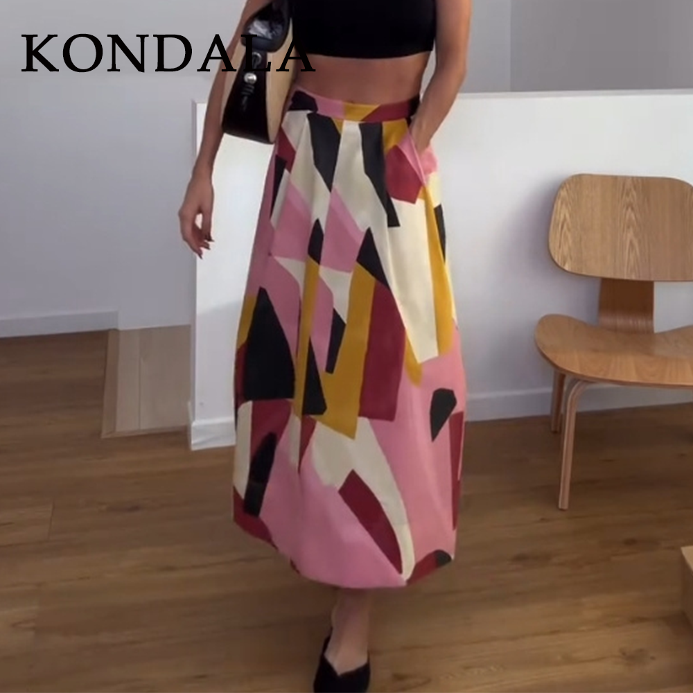 KONDALA 2026 Printemps-Été Jupes Décontractées Imprimées pour Femmes, Mode Élégante Ample avec Fermeture Éclair, Streetwear Chic, Jupes Longues pour Dames