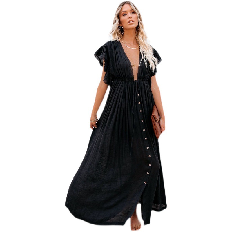 Robe de plage longue à lacets pour femmes, Cover-Up pour Bikini, couleur unie, col en v, Kimono, Anti-soleil, jupe Sarong bohème, été, 2024