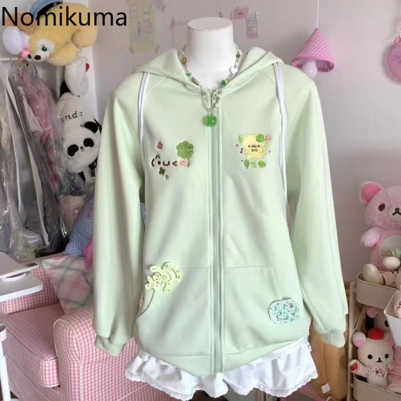 Femmes vêtements Anime sweat à capuche zippé vestes chat broderie mignon vêtements d'extérieur à capuche décontracté mode sweats japonais mignon hauts