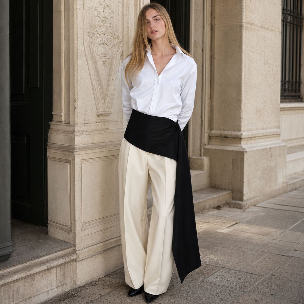 Nouvelle jupe drapée asymétrique noire à franges, style superposé avec ceinture à nouer, décoration en jean