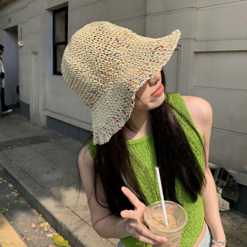 Chapeaux de paille arc-en-ciel tissés à la main pour femmes, casquettes de pêcheur coréennes d'été respirantes, casquette de plage à large bord pour filles