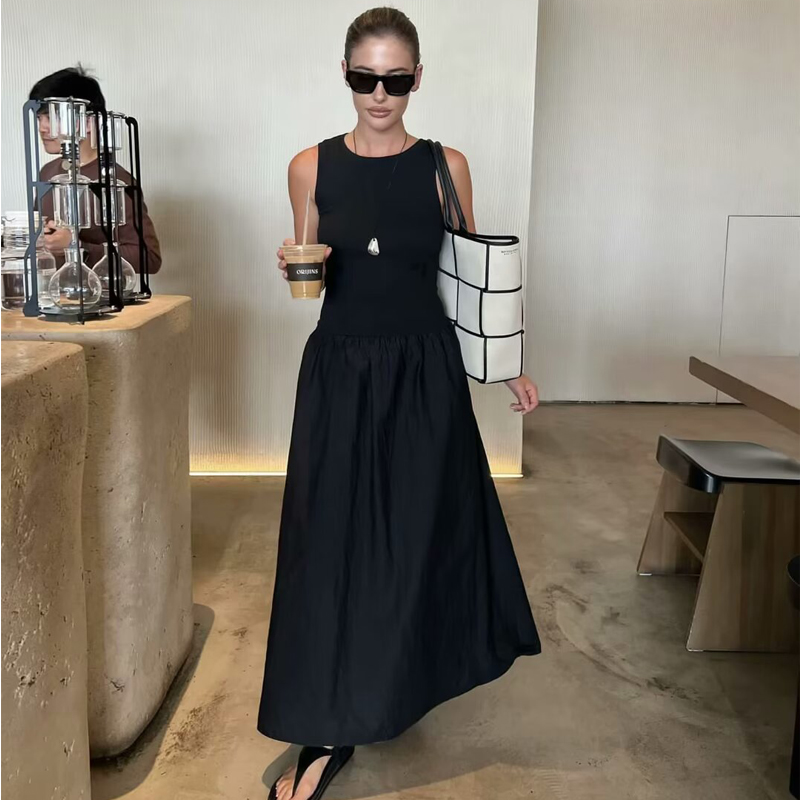 MUJER noir plissé longues robes pour femmes tricoté sans manches robe Maxi femme Vintage fête femmes robes printemps tenue décontractée