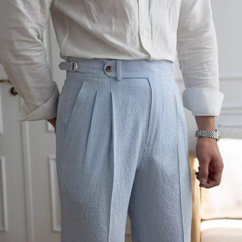 Mode hommes Style italien Naples costume pantalon rayures bleues Seersucker taille haute Paris boucle pantalon angleterre affaires décontracté Pa