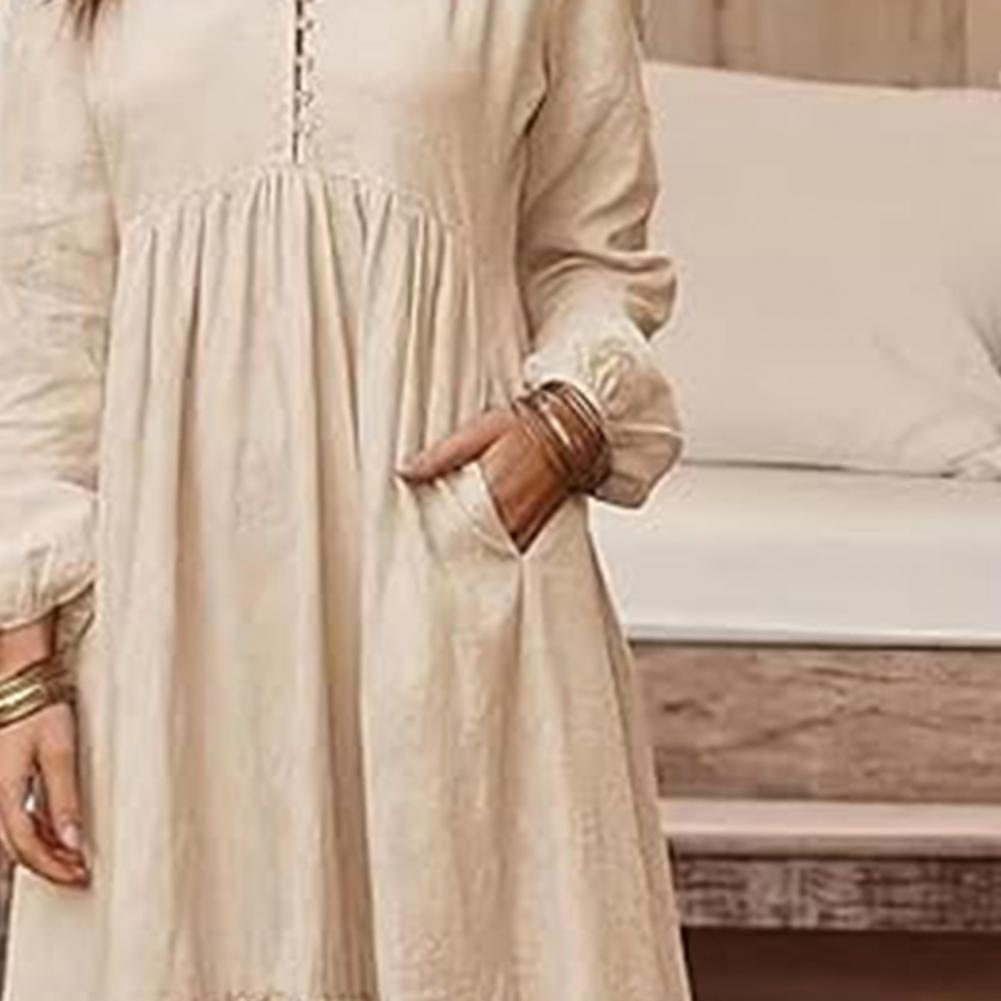 Robe longue plissée pour femmes, manches longues bouffantes, col en v, à volants, avec poches, couleur unie, style Boho, plage