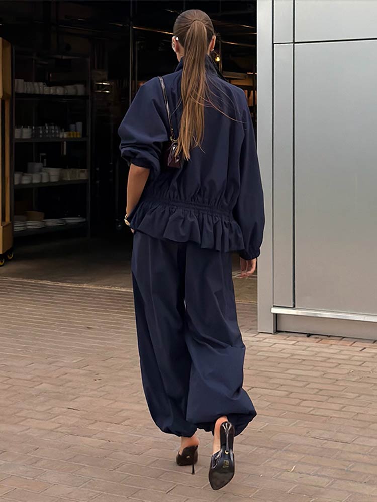 Ensemble pantalon et veste coupe-vent pour femme, survêtement deux pièces, haut court à col montant, pantalon large, style streetwear, collection printemps