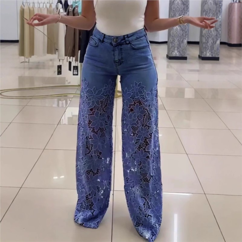 Jean élégant en dentelle pour femmes, taille haute, Patchwork, ajouré, surdimensionné, décontracté, ample, assorti avec tout, printemps