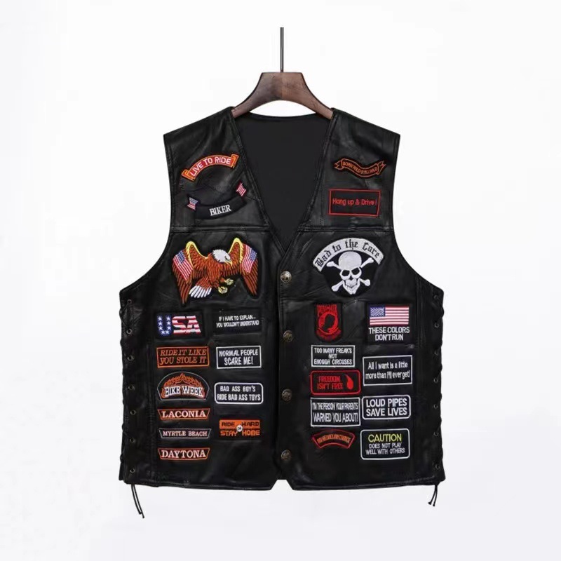 Gilet de moto en cuir brodé pour hommes, veste Punk sans manches, gilet de motard, vêtements pour hommes, Streetwear noir, grande taille