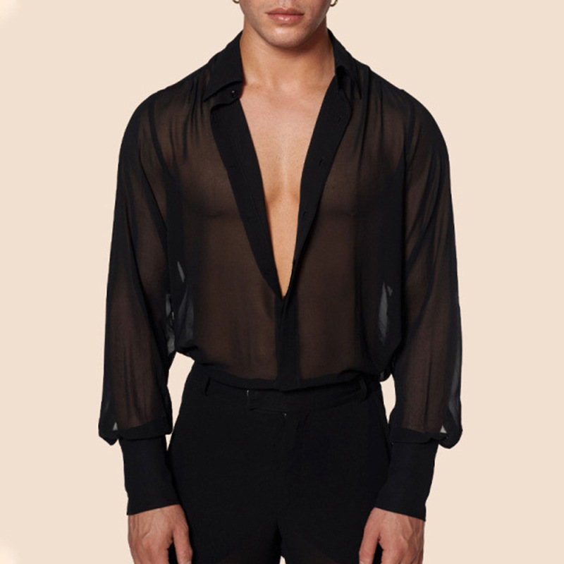 Vêtements pour hommes maille voir à travers maille Sexy chemise à manches longues couleur unie boutonné Vintage Streetwear rétro hauts de fête S-3XL