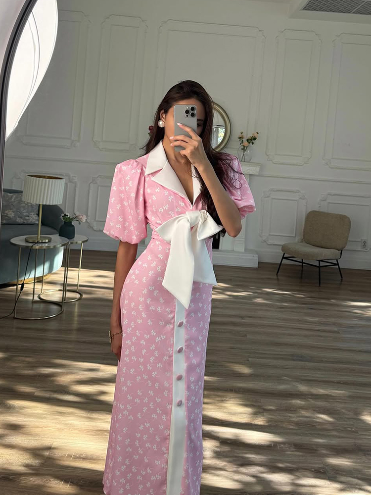 Nouvelle Robe Longue Imprimée Décontractée pour Femme, Chic, Col en V, Manches Courtes Bouffantes, Taille Cintrée, Robe d'Été 2026 pour les Vacances