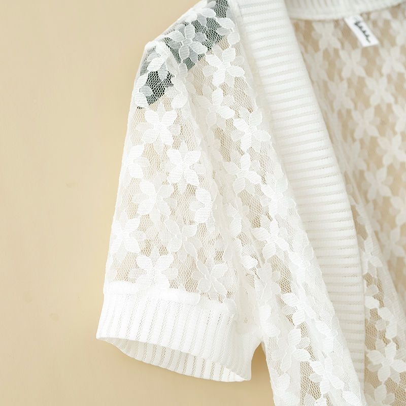 Manteau châle en dentelle pour femme, cardigan court, manches courtes, vêtements de protection solaire, climatisation, évider, monochrome, été, blanc, Y