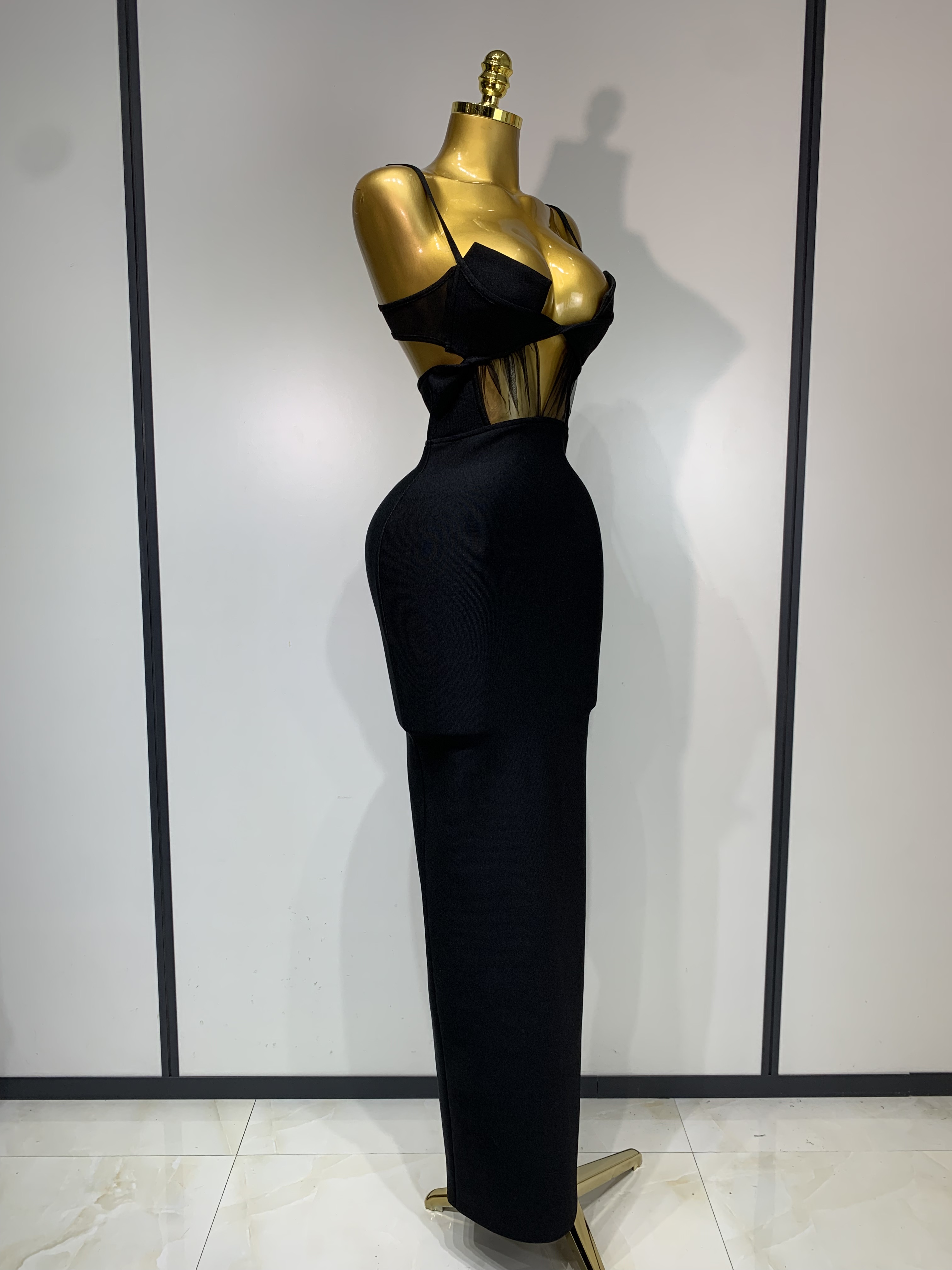 Mode noir Spaghetti sangle Maxi longue robe de pansement maille découpé élégant célébrité moulante soirée Club fête robes d'anniversaire