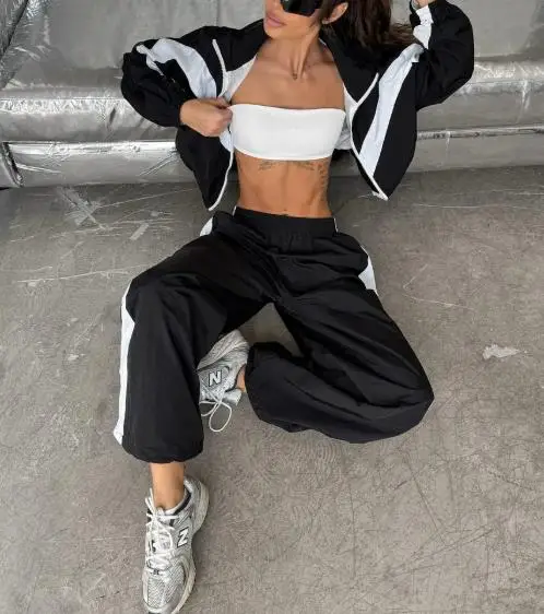 Tenues décontractées pour femmes, ensembles deux pièces, cardigan sport à manches longues contrastées et pantalon, ensemble de style streetwear pour vêtements féminins
