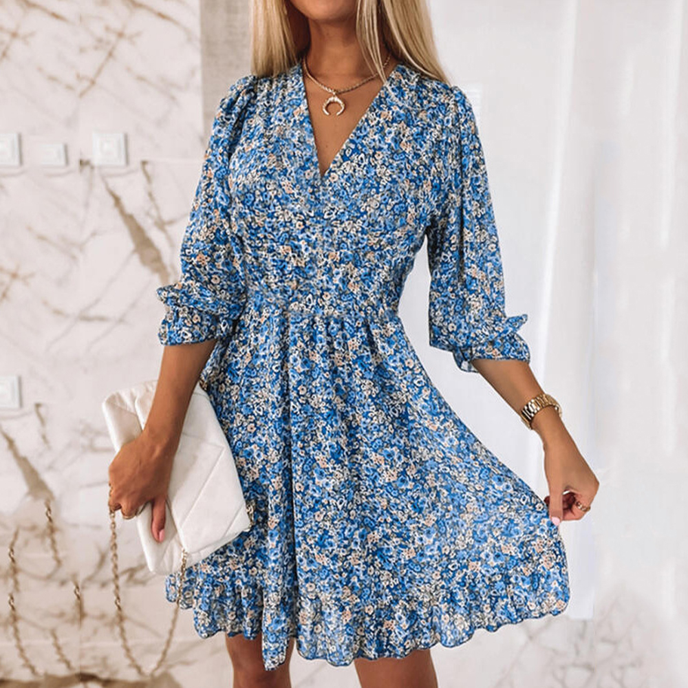 Mini robe bohème à fleurs pour femmes, col en V, manches courtes, imprimé Floral, robe de soirée, pull d'été, robe courte Boho