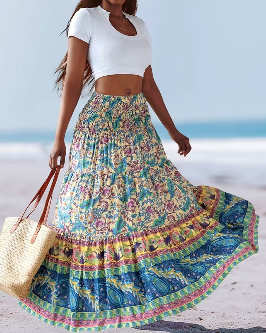 Mode Boho imprimé jupe longue décontracté rétro vacances Style taille élastique a-ligne grand ourlet jupe pour les femmes 2025 printemps été nouveau