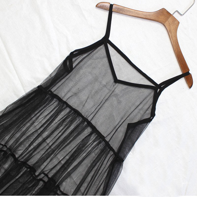 Robe féerique d'été pour femme à col en V, transparente en maille, à fines bretelles, avec ceinture à nœud, en dentelle et maille, style cache-cœur, robe nuisette, tenue d'extérieur
