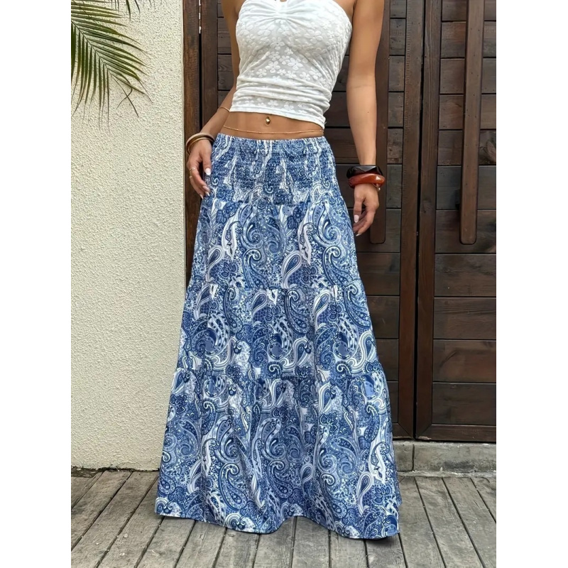 Jupe longue maxi pour femme, style bohème, imprimé cachemire, taille haute, froncée, à volants, fluide, décontractée, pour l'été et la plage