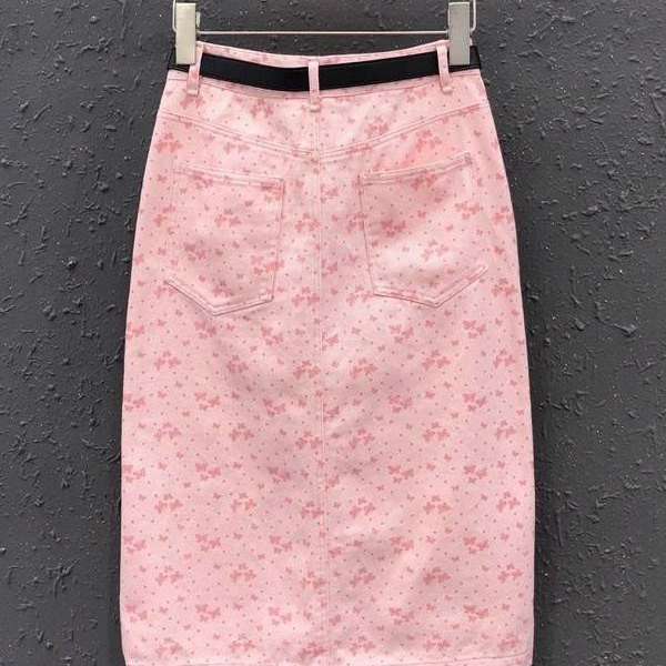 Jupe en jean rose imprimée coréenne pour femme, nouvelle collection été 2026, taille haute, mi-longue et longue, coupe ajustée aux hanches