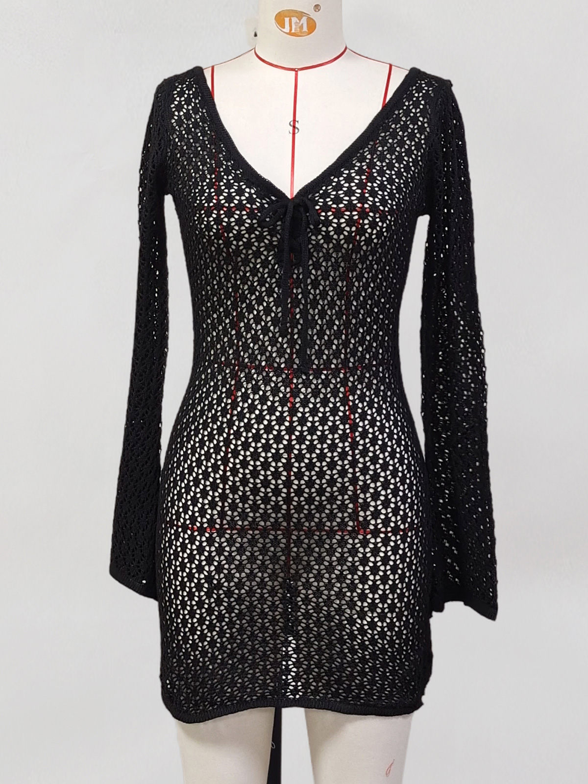 Robe de plage ajourée à manches longues, col en V, tunique crochet, cover-up, vêtements de plage, V6081