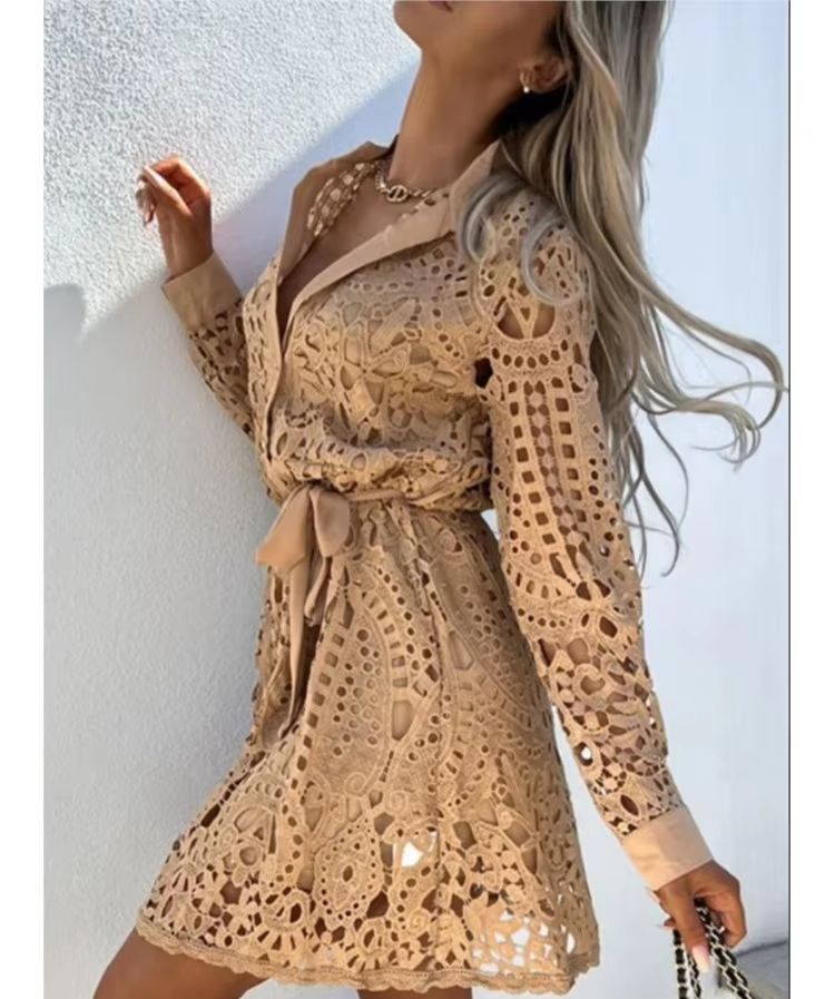 Robe chemise en dentelle évidée pour femme, mini robe élégante, bouton à lacets, dame de bureau, sexy, femme, printemps, automne
