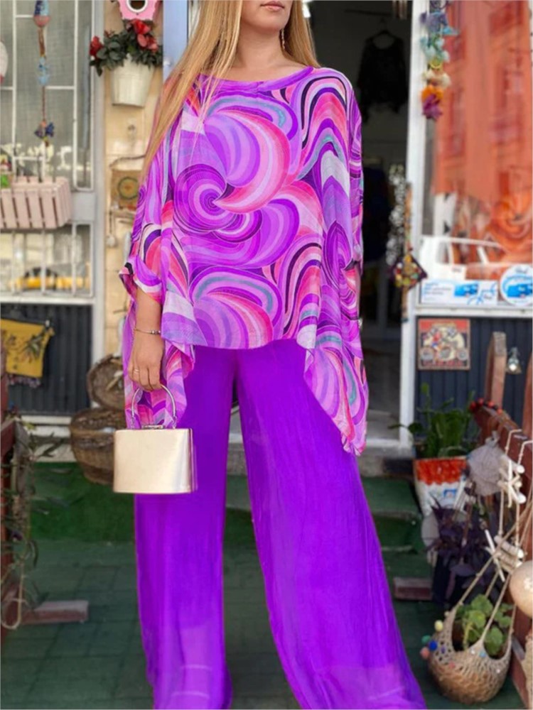Femmes mode imprimé ensembles décontracté ample O cou hauts et taille haute jambe large pantalons longs deux pièces ensembles dame été femmes vêtements