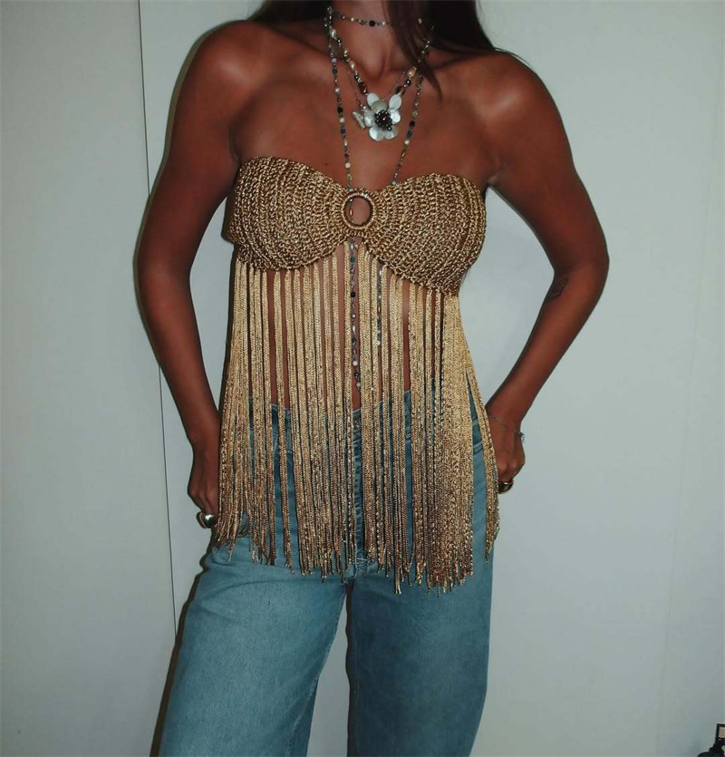 Haut de bikini bohème pour femme, style plage, avec franges, sexy, dos nu, à nouer, à pampilles, en tricot, camisole, cache-maillot de bain en crochet, tenue de plage