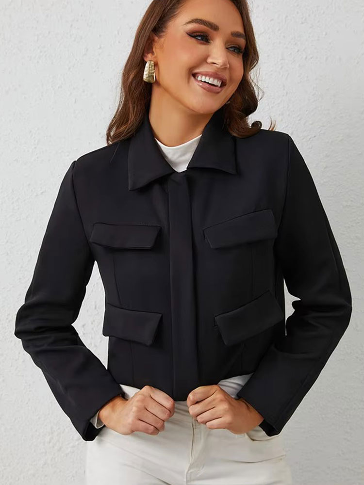 HH printemps veste pour femmes mince recadrée manteau élégant solide à manches longues veste avant rabat poche vêtements d'extérieur mode Streetwear
