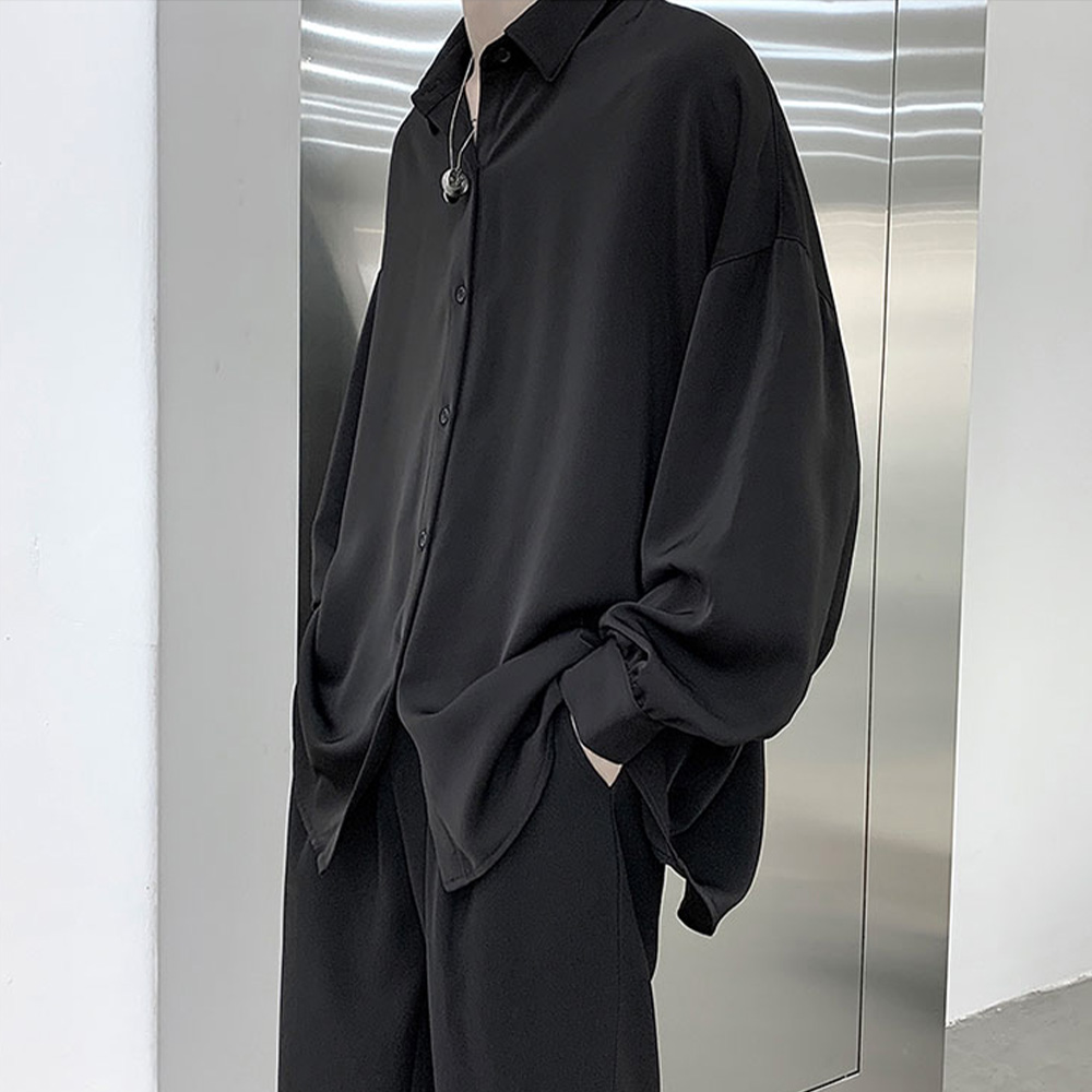 Chemises à manches longues avec cravate noire gratuite pour hommes, chemisiers coréens confortables, décontractés, amples, simple boutonnage, t-shirt Harajuku