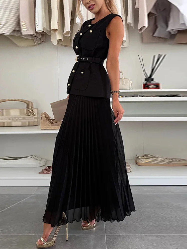Ensemble gilet et jupe élégante pour femmes, ceinture, sans manches, col rond, simple boutonnage, taille haute, jupe longue plissée, costume Chic pour nouvelle dame