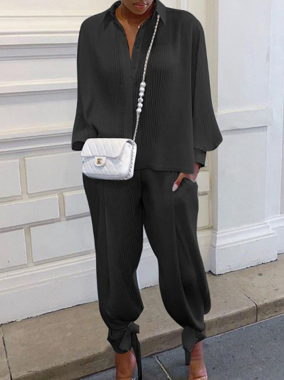 Ensemble chemise et pantalon pour femmes, classique, couleur unie, décontracté, ample, manches longues, revers, taille élastique, costume deux pièces, nouvelle tenue de rue d'été 2025