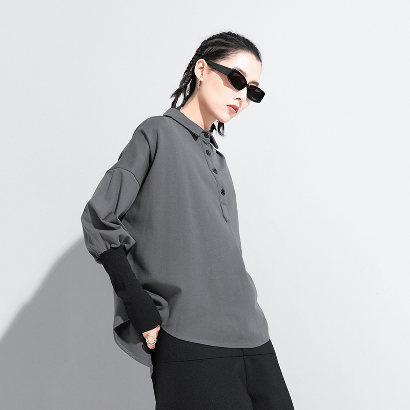 T-shirt noir à manches longues et col à revers pour femme, coupe ample, style décontracté vintage, hauts tendance, vêtements de mode printemps automne 2026
