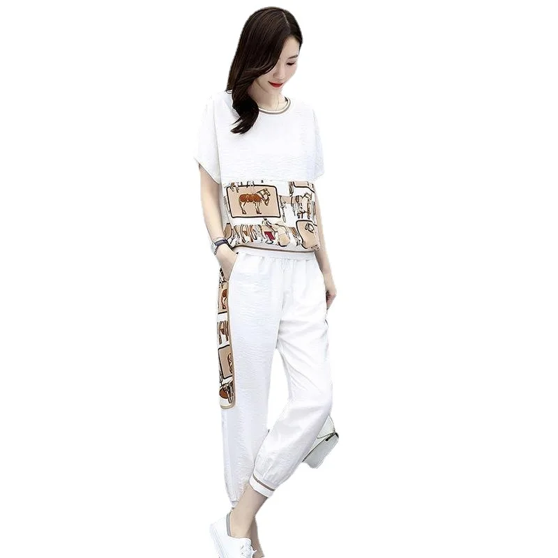 Ensemble de vêtements de sport tendance pour femmes, taille plus, été, nouveau, ample, amincissant, décontracté, manches courtes, ensemble deux pièces, style élégant