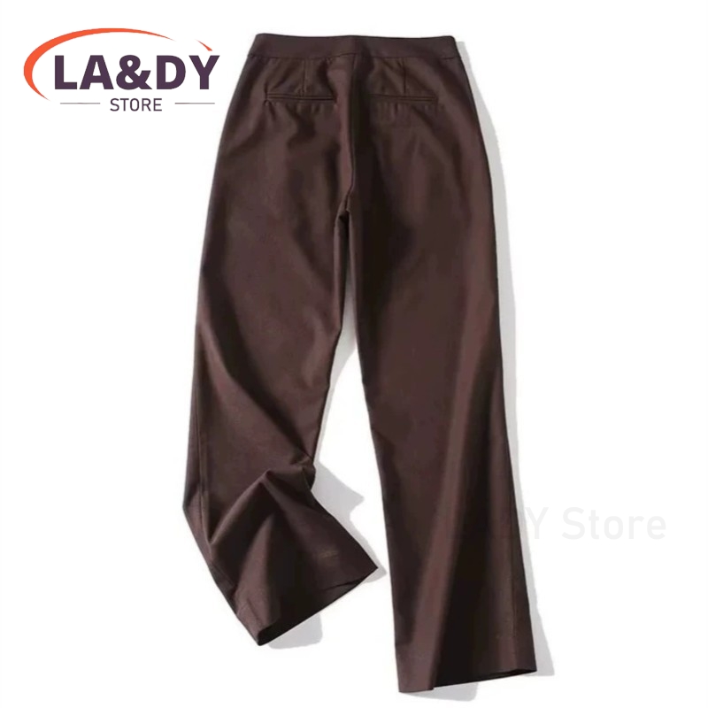 Pantalon droit taille haute pour femme, en mélange de lin uni, décontracté et tendance