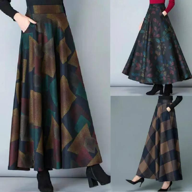 Jupe trapèze longue mi-longue en laine à carreaux taille haute pour femme, grande taille, mode automne-hiver, vêtements décontractés pour femme