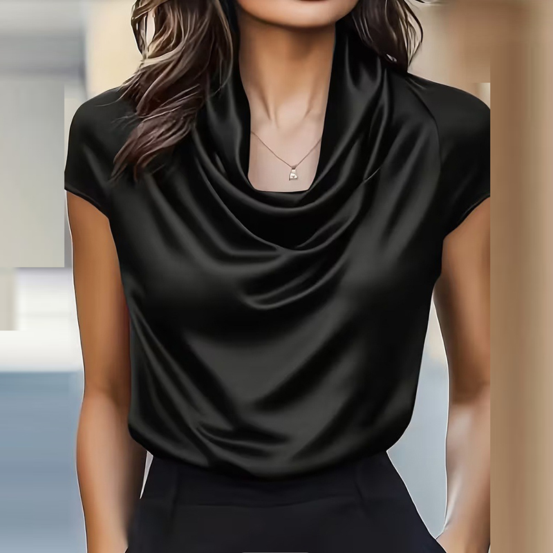 Chemise en Satin élégante pour femmes, col en poils, manches courtes, T-Shirts à la mode pour dames, hauts de bureau, t-shirt ample, chemises d'été en soie pour femmes
