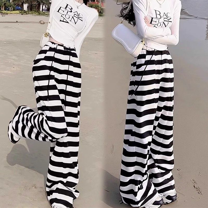 Pantalon à jambes larges pour femmes, vêtements d'été simples et décontractés, Streetwear Y2K, rayé, coréen, taille haute, ample, droit