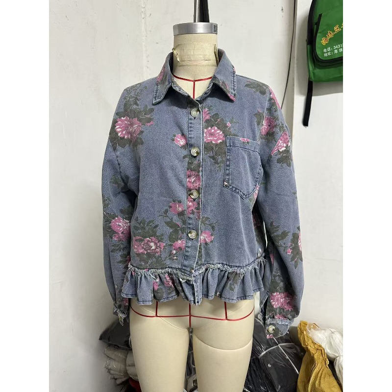 Blouse Chemise Veste Femme Vintage en Denim Délavé Imprimé Floral Coupe Ample Manches Longues Décontractée Tendance Polyvalente Créateur