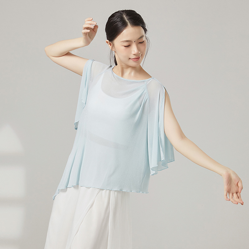 Costumes de danse classique pour femmes, haut en maille de gaze, chemise fendue à manches courtes, chemisiers Saree amples, ourlet irrégulier, vêtements de danse sur scène chinoise