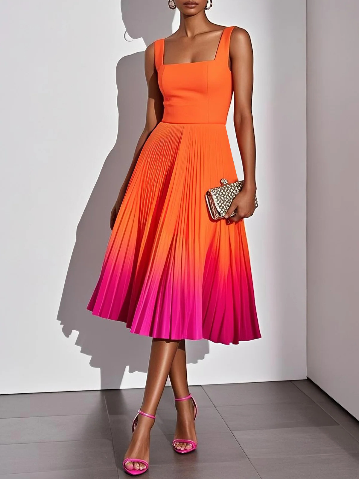 Robe midi plissée ombrée sans manches à col carré pour femme, taille haute, coupe trapèze, idéale pour les soirées