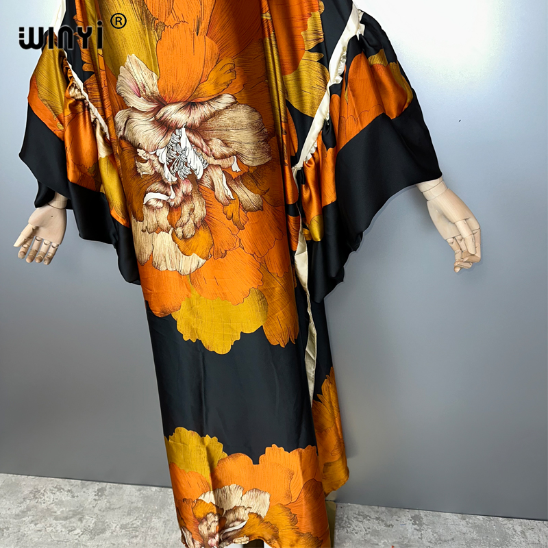 WINYI Robe de soirée d'été à manches bouffantes, Abaya de luxe de Dubaï, Kaftan ample imprimé pour femme, Vêtement musulman, Robe de plage