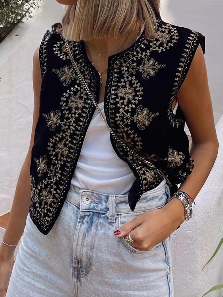 Vintage automne velours brodé gilet sans manches veste femmes col en V Chic gilets femme mode gilets manteau 2023