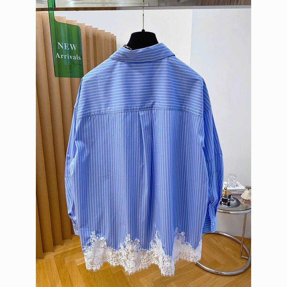 Dentelle Patchwork à manches longues bleu rayé chemise Blusas Femininas Elegantes chemises et chemisiers Camisas De Mujer été