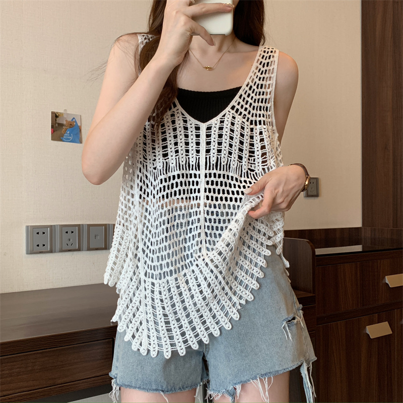 Top en crochet bohème ajouré en dentelle sans manches, débardeur tricoté pour femme, camisole d'été, cache-maillot de plage, tenue de villégiature