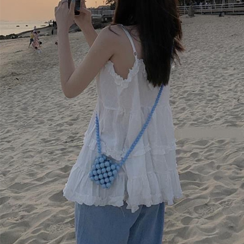 Femmes Style coréen Camisole sans manches blanc noir gilet volants dos nu col en v hauts vacances d'été plage mode vêtements