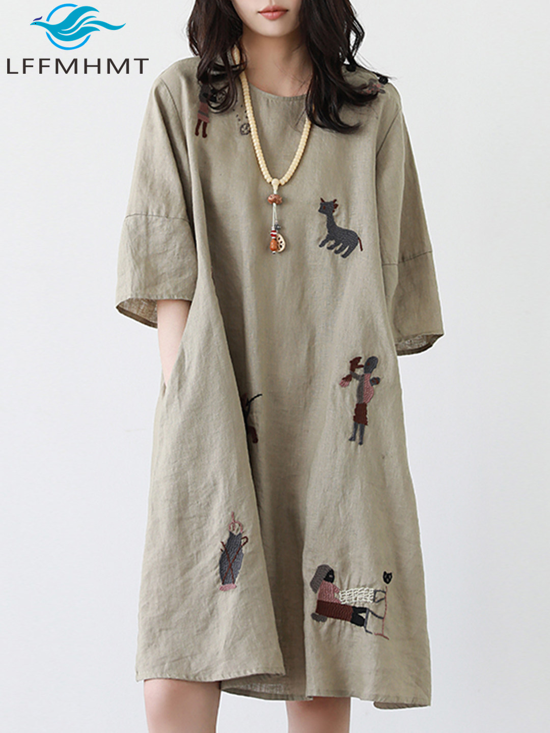 Robe d'été décontractée et confortable pour femme, broderie vintage de dessins animés, col rond, manches courtes, en coton et lin