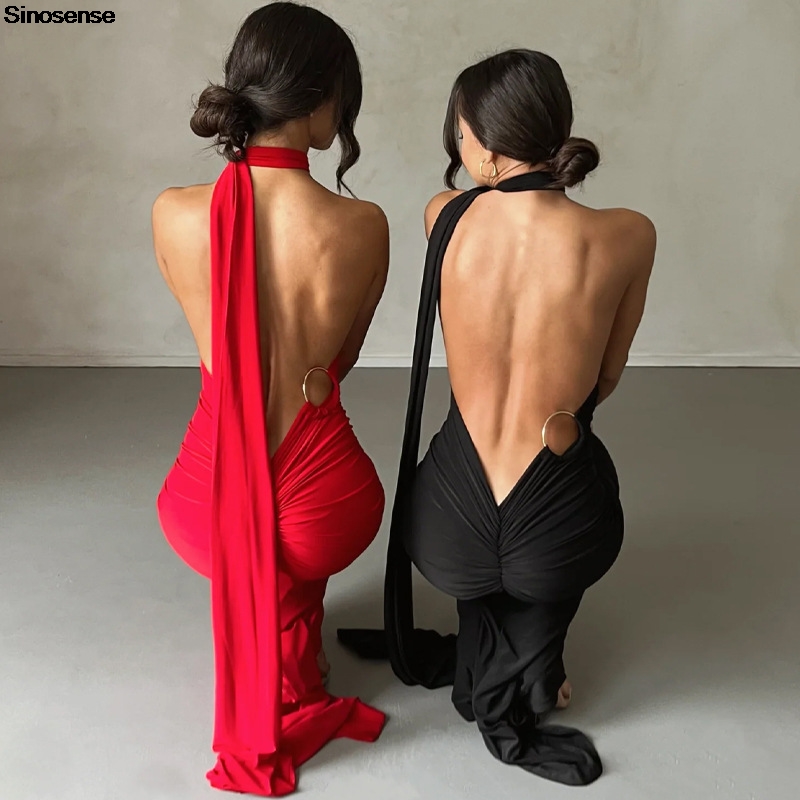 Robe longue de soirée élégante pour femmes, Sexy, dos nu, dos ouvert, froncée, Slim, moulante, formelle, pour invités de mariage, Maxi