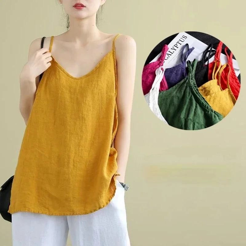 Hauts pour femmes, bretelles Spaghetti, Camis en coton et lin, col en V, Camisole d'été décontractée, sans manches, lin, débardeurs amples, 2025